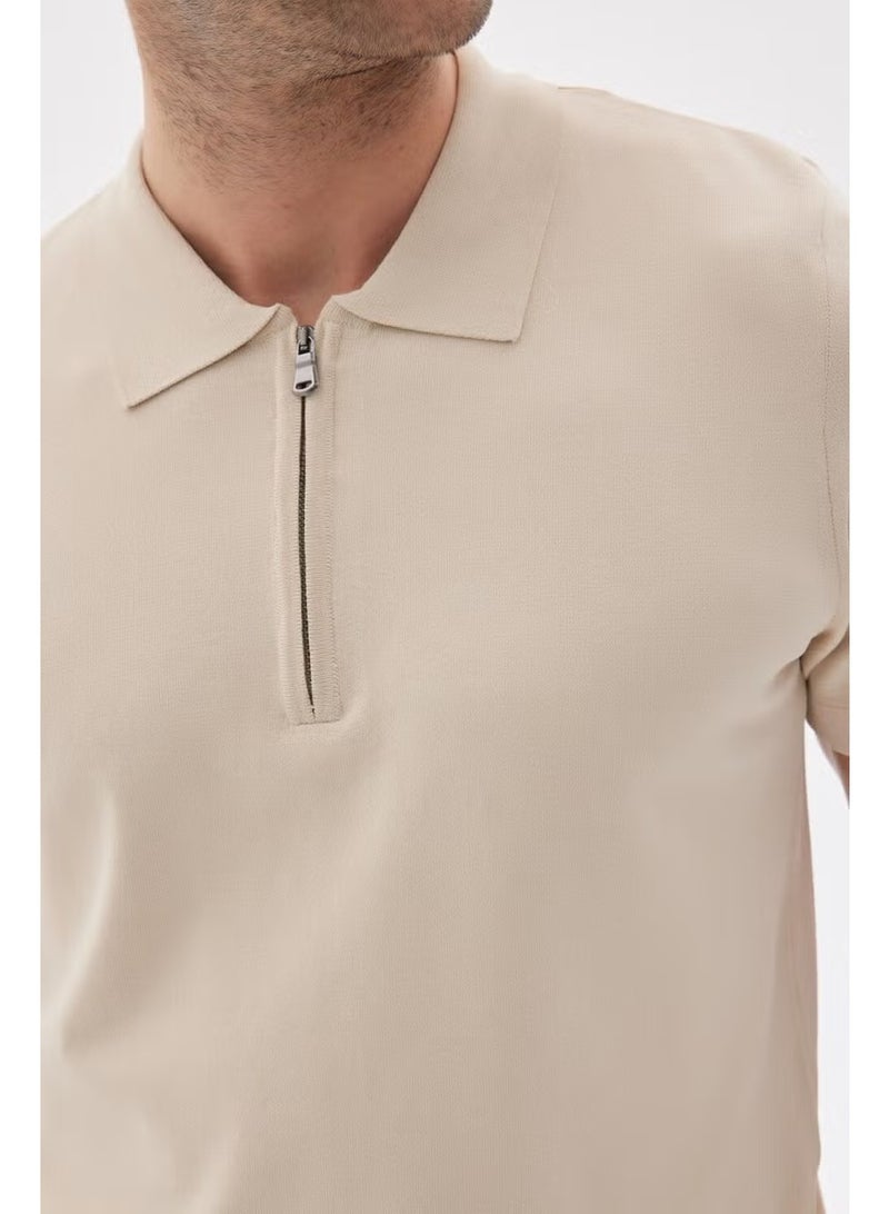 Odelon Limited Men's Plain Zipper Polo Collar Rayon Knitwear T-Shirt Beige - Image 2